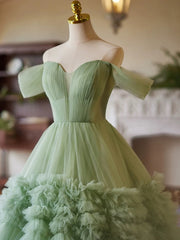 Green Sweetheart Tulle Off Shoulder Layers Long Formal Dress, Green Sweet 16 Dress