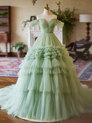 Green Sweetheart Tulle Off Shoulder Layers Long Formal Dress, Green Sweet 16 Dress