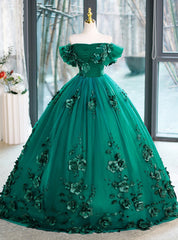 Green Tulle 3D Flower Off the Shoulder Quinceanera Dress