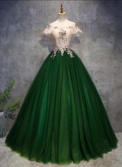 Prom Dresses2023, Green Tulle Ball Gown with Lace Off Shoulder Sweet 16 Dress, Ball Gown Party Dress Formal Dress