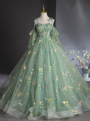 Green Tulle Embroidery Spaghetti Straps Quinceanera Dress