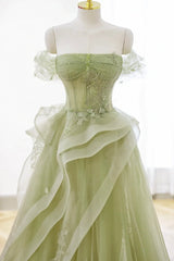 Green Tulle Lace Long Prom Dresses, Green Tulle Lace Formal Evening Dresses