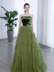 Green Tulle Layers Strapless A-line Long Party Dress, Green Tulle Prom Dress Evening Dress