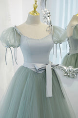 Prom Dress 2020, Green Tulle Long A-Line Prom Dress, Cute Short Sleeve Graduation Dress