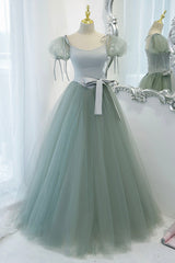 Prom Dressed 2020, Green Tulle Long A-Line Prom Dress, Cute Short Sleeve Graduation Dress