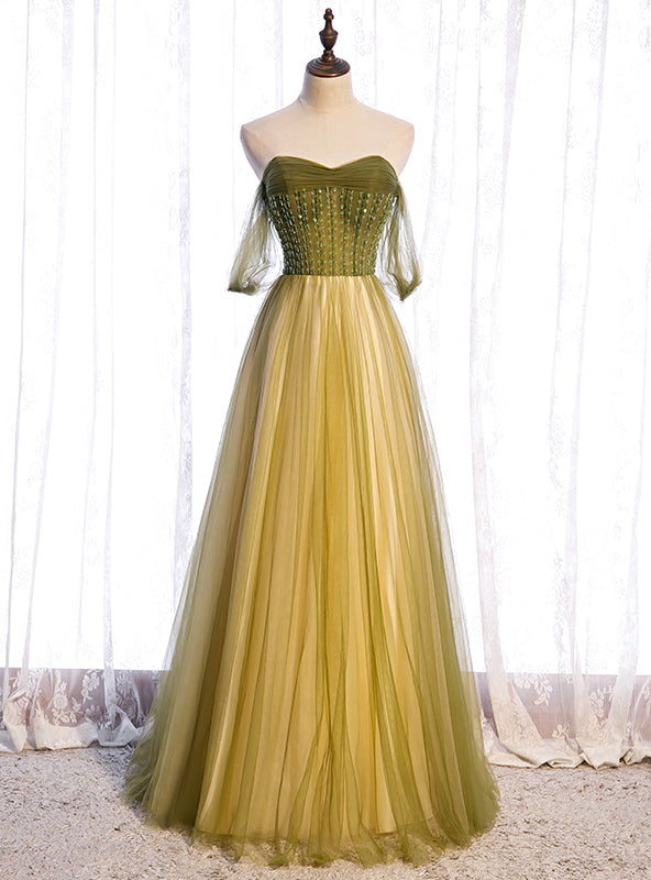 Green Tulle Off the Shoulder Beading Sequins Prom Dress