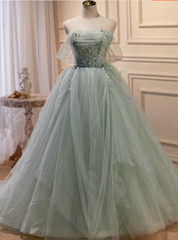 Green Tulle Sequins Appliques Beading Prom Dress