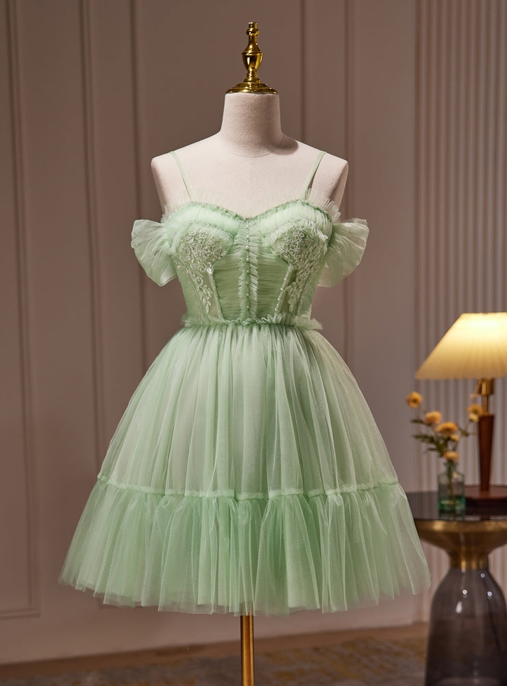 Green Tulle Spaghetti Straps Appliques Beading Homecoming Dress