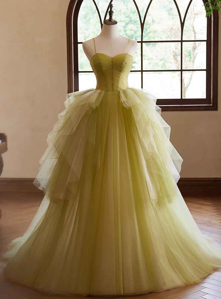 Green Tulle Spaghetti Straps Pleats Prom Dress