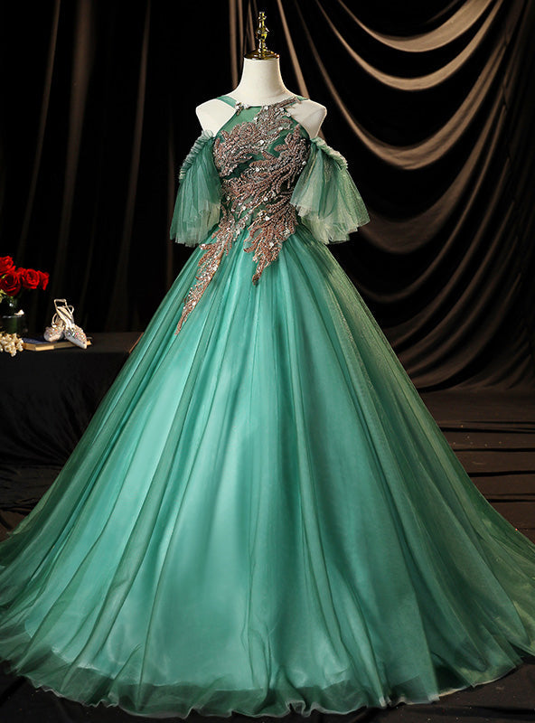 Green Tulle Straps Beading Quinceanera Dress