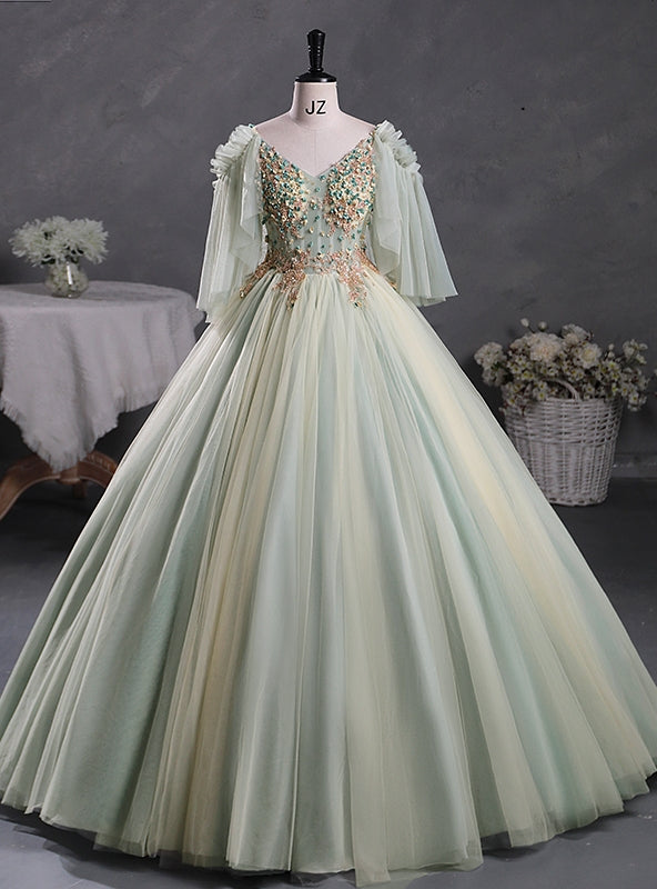 Green Tulle V-neck Backless Flower Quinceanera Dress