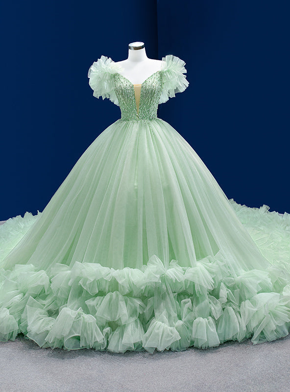 Green Tulle V-neck Beading Sequins Prom Dress With Train