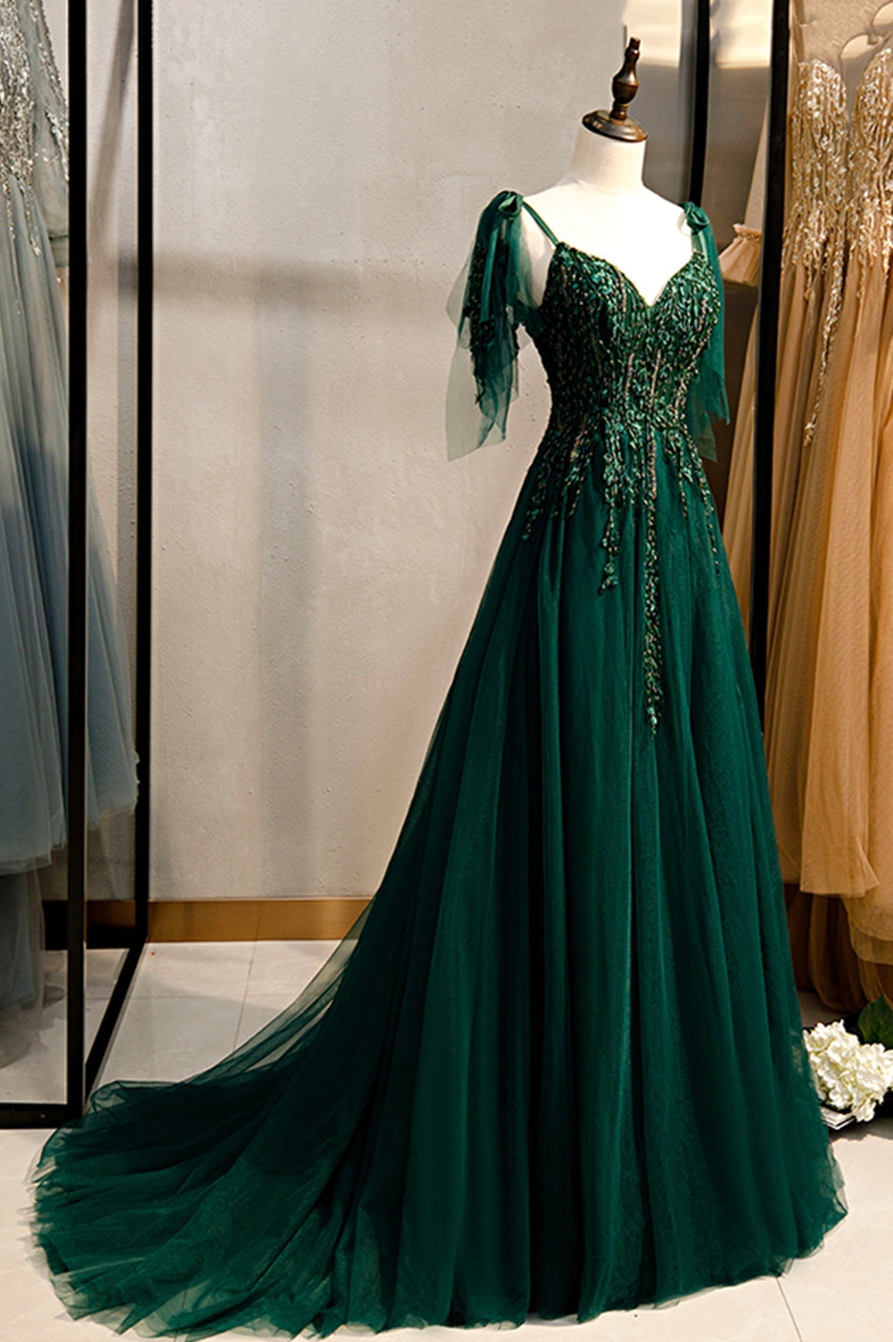 Prom Dresses 2018, Green V-Neck Lace Long Prom Dress, A-Line Spaghetti Straps Evening Dress