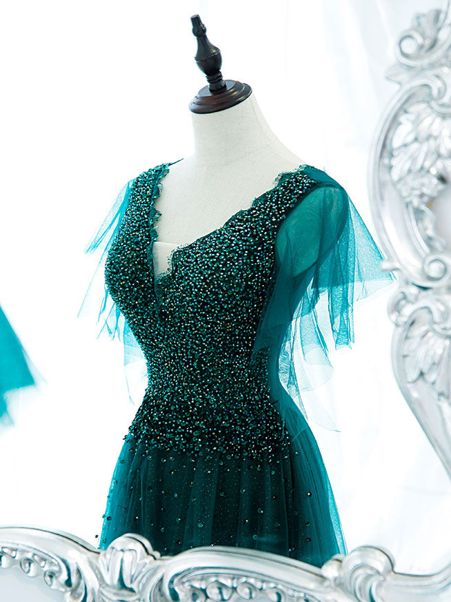 Autumn Wedding, Green V Neck Sequin Beads Long Prom Dress, Green Formal Bridesmaid Dresses