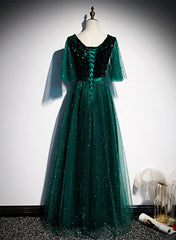 Wedding Dresses Bridesmaid, Green V-neckline Shiny Tulle Long Wedding Party Dresses, Green Formal Dresses