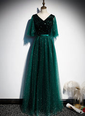 Wedding Dresses Dresses, Green V-neckline Shiny Tulle Long Wedding Party Dresses, Green Formal Dresses