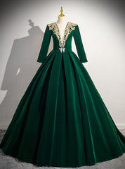 Green Velvet Long Sleeve V-neck Quinceanera Dress