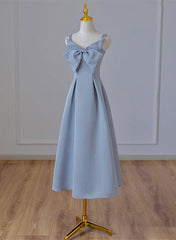 Wedding Dress Wedding Dresses, Grey Blue Tea Length Satin Straps Formal Dress, A-line Wedding Party Dress