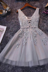 Bridesmaid Dress Short, Grey Lace-up Tulle Short Homecoming Dress with Lace Appliques