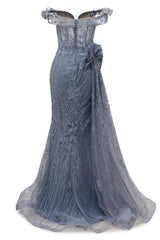 Grey Prom Dresses Mermaid Beading Tulle Off the Shoulder Women Evening Dresses