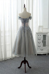 Bridesmaid Dresses Blush Pink, Grey Tea Length Formal Dress with Lace, Grey Bridesmaid Dress