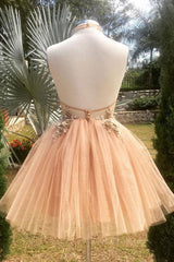 Prom Dresses, Halter Neck Backless Champagne 3D Floral Short Prom Dress, Backless Champagne Formal Graduation Homecoming Dress