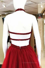 Party Dresses Shopping, Halter Neck Open Back Beaded Burgundy Prom Dress, Backless Burgundy Homecoming Dress, Short Burgundy Formal Evening Dress