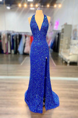 Prom Dresses Open Back, Halter Neck Royal Blue Long Prom Dresses, Shiny Royal Blue Long Formal Evening Dresses