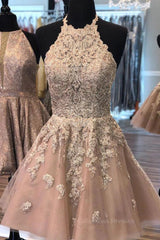 Prom Dresses2057, Halter Neck Short Champagne Lace Prom Dress, Champagne Lace Formal Graduation Homecoming Dress