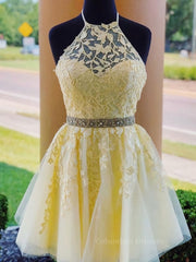 Chiffon Dress, Halter Neck Short Yellow Lace Prom Dressses, Backless Short Yellow Lace Formal Homecoming Dresses