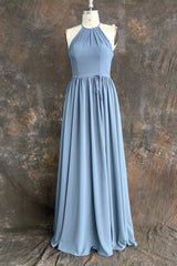 Halter Open Back High Neck Chiffon Long Dusty Blue Plus Size Bridesmaid Dress