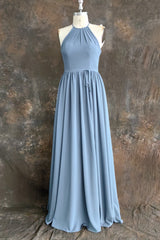 Halter Open Back High Neck Chiffon Long Dusty Blue Plus Size Bridesmaid Dress