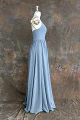 Halter Open Back High Neck Chiffon Long Dusty Blue Plus Size Bridesmaid Dress