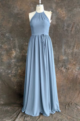 Halter Open Back High Neck Chiffon Long Dusty Blue Plus Size Bridesmaid Dress