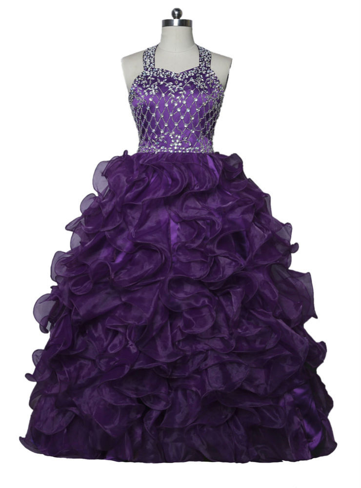 Halter Organza Purple Girls Pageant Dresses For Weddings Ball Gown