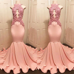 Halter Pink Lace Prom Party Gowns| Mermaid Formal Dresses