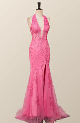 Bridesmaid Dress Dusty Blue, Halter Fuchsia Yellow Lace Mermaid Prom Dress