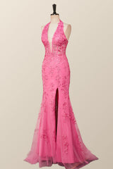 Simple Wedding Dress, Halter Fuchsia Yellow Lace Mermaid Prom Dress