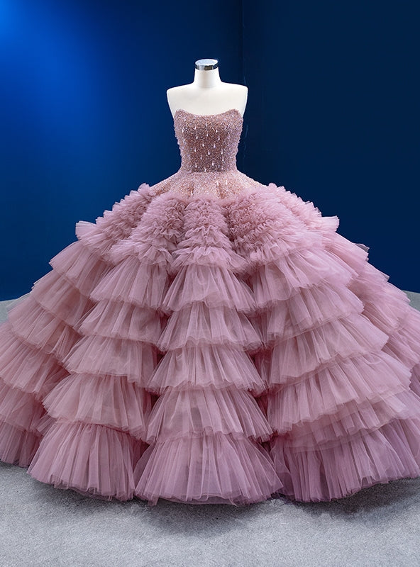 Heavy Beads Ball Gown Tulle Strapless Prom Dress