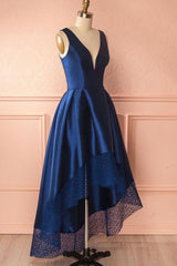 Party Dress For Girl, High Low V Neck Blue Satin Prom Dresses, Open Back Blue Formal Dresses, Blue Evening Dresses