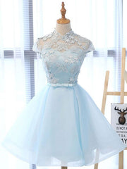 Prom Dress Places, High Neck Short Blue Lace Prom Dresses, Short Blue Lace Graduation Homecoming Dresses