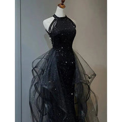 High Neckline Black Halter Shiny Tulle And Sequins Party Dress Black Tulle Prom Dress prom dresses shops