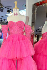 Hot Pink Off-Shoulder A-line Tulle Layers Applique Hi-Low Prom Dress