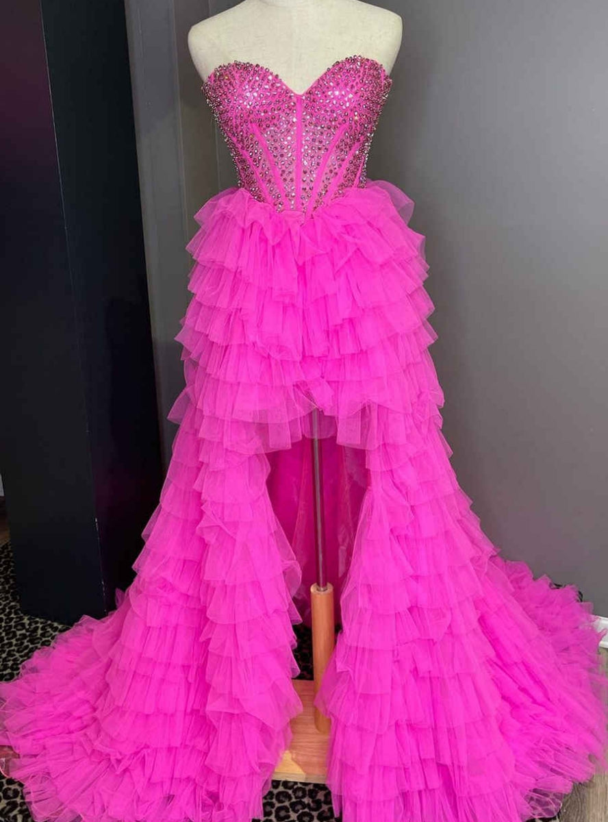 Hot Pink Tulle  Beading Prom Dress