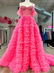 Hot Pink Tulle Tiers Beading Prom Dress