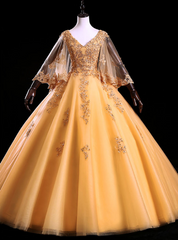 Is Now Available. Gold Ball Gown Tulle Appliques V-neck Long Sleeve Beading Quinceanera Dress