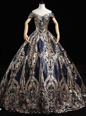 Is Now Available. Luxury Navy Blue Ball Gown Sequins Off the Shoulder Quinceanera Dress