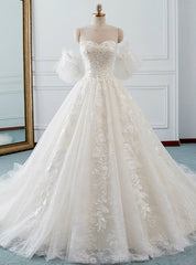 Ivory Ball Gown Tulle Sweetheart Neck Appliques Wedding Dress