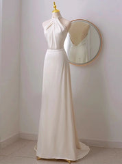 Ivory Satin Halter Backless Wedding Dress