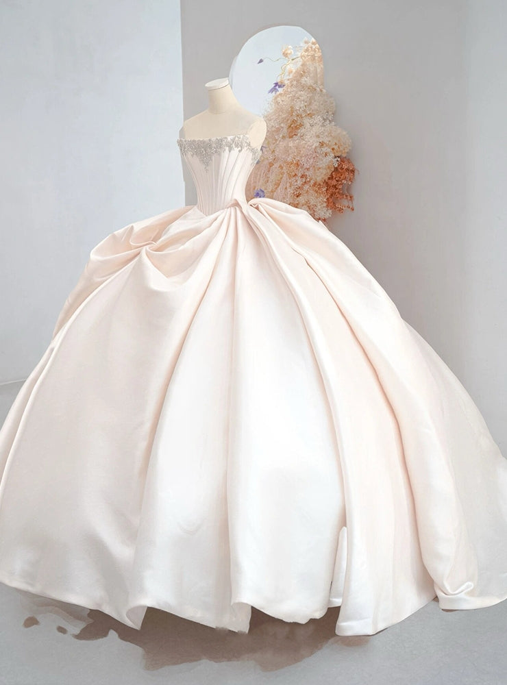 Ivory Satin Strapless Beading Pleats Wedding Dress